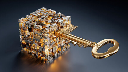 golden key hovering near encrypted neural network cube binary rain background cyber aesthetic illustration concept scene visual for commercial design use high detail quality stock image illustration