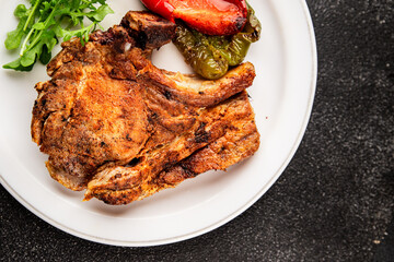 Steak pork barbecue meat tasty snack fresh delicious gourmet food background on the table rustic food top view copy space