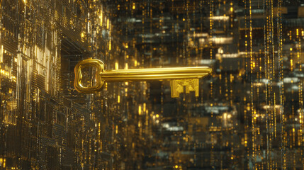 golden key hovering near encrypted neural network cube binary rain background cyber aesthetic illustration concept scene visual for commercial design use high detail quality stock image illustration