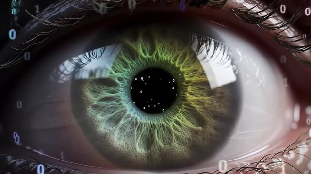 Human eye displaying binary code floating around the iris, suggesting a connection between biology and technology in a futuristic and intriguing way.