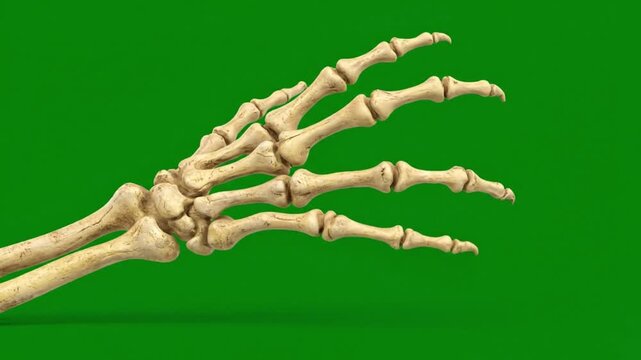 A realistic skeleton hand on a green screen background for Halloween, horror, or medical anatomy compositing projects.