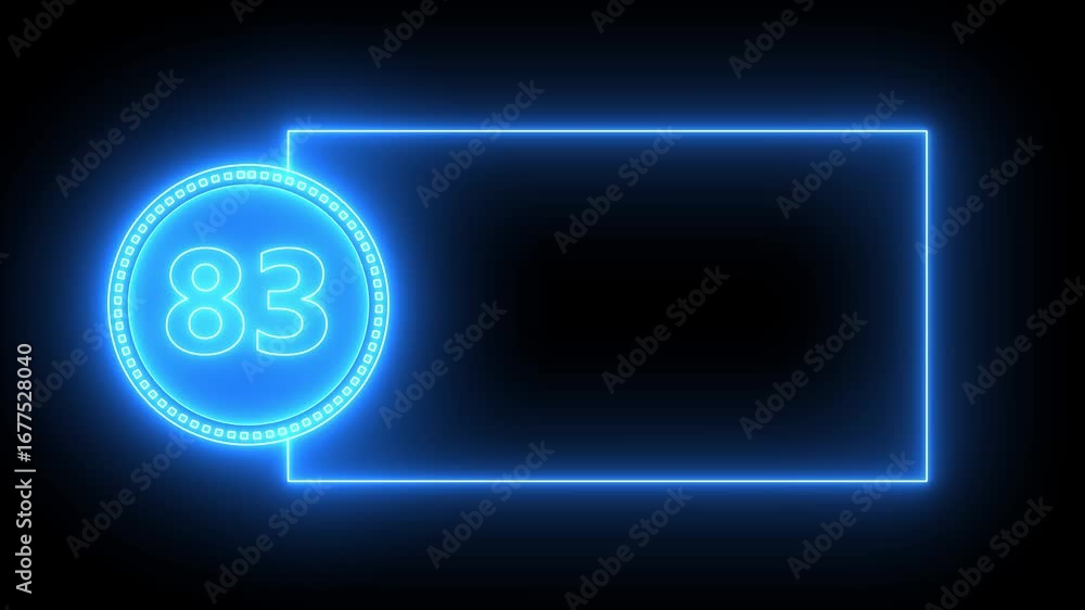 Poster blue neon number 83 inside circle with rectangular frame on black background eighty three numeral