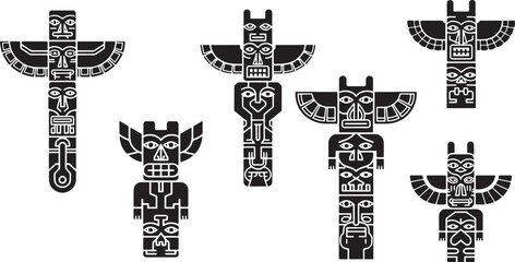 A set of six monochrome vector illustrations depicting traditional tribal totem poles with intricate spiritual carvings