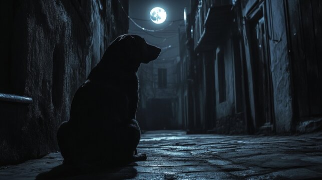 A mysterious black Labrador sitting under the moonlight in a dark alley 