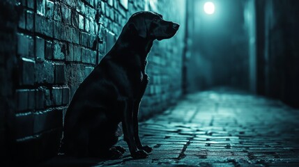 A mysterious black Labrador sitting under the moonlight in a dark alley 