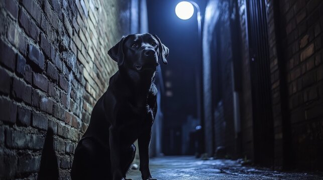 A mysterious black Labrador sitting under the moonlight in a dark alley 