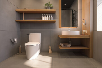 Modern minimalist bathroom interior with toilet sink mirror wooden shelves and decorative accessories
