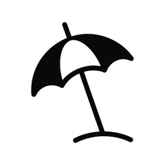 Black and white illustration of a beach umbrella with a curved base, isolated.