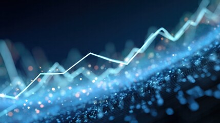 Financial Growth Diagram: A digital line graph visualizes the surge of economic progress, data points charting an upward trajectory in a sea of vibrant, glowing particles.