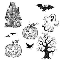 A collection of hand-drawn black and white Halloween icons including a haunted house, pumpkins, a ghost, and a bat.