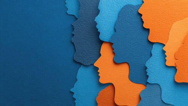 Overlapping blue and orange paper cutouts of human profiles against a solid blue background, creating a sense of community or collective identity