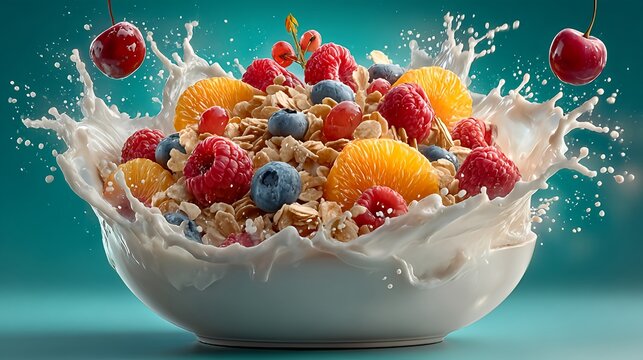 Delicious breakfast bowl with granola, fresh fruits and milk splash for healthy food - Powered by Adobe