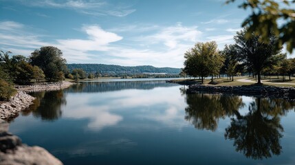 Fototapeta premium A serene lake scene displays a tranquil reflection of the surrounding trees and sky, highlighting a peaceful park-like setting.