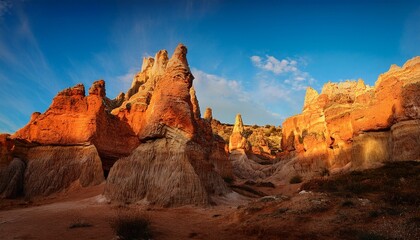 Fototapeta premium intricate cave formations rise dramatically from the ground bathed in warm reds and yellows that highlight their textures
