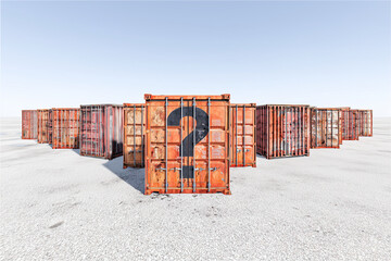 A question mark painted on shipping container - tariff  concept - tariffs global commerce controversy; trade war and policy uncertainty for import and export confusion  - Zoom in, political containers
