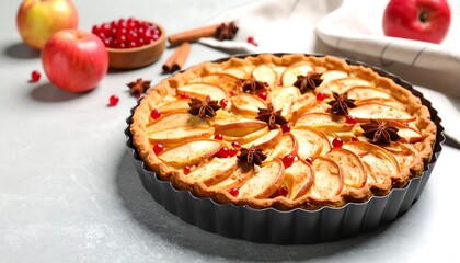 A delicious  pie with sliced apples, star anise, and cranberries sits in a dark metal baking pan on a light gray surface.