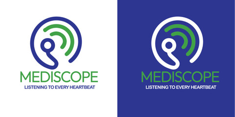 Logo design of Mediscope brand featuring abstract stethoscope and sound waves, symbolizing medical technology and healthcare heartbeat monitoring