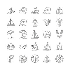 Collection of simple line art illustrations depicting various summer and water-related activities and objects.