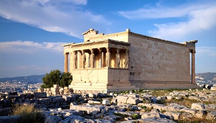 A magnificent ancient temple, the Erechtheion, stands majestically on the Acropolis, showcasing its intricate details and breathtaking views.