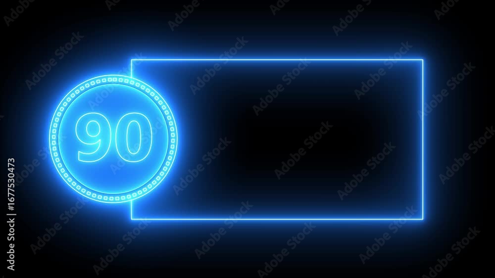 Aufkleber blue neon number 90 inside circle with rectangular frame on black background ninety count
