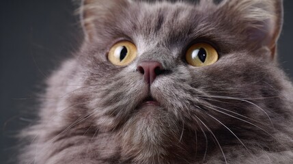 Captivating Cat: A close-up view of a stunning, long-haired grey cat, its bright, focused eyes fixed upwards, creating an arresting portrait of feline charm and curiosity.