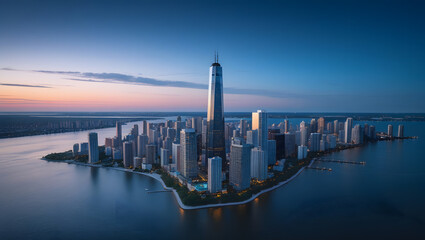 Fototapeta premium Sunset and sunrise over the sea with a pier and city skyline
