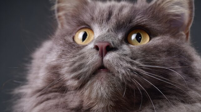 Captivating Cat: A close-up view of a stunning, long-haired grey cat, its bright, focused eyes fixed upwards, creating an arresting portrait of feline charm and curiosity.
