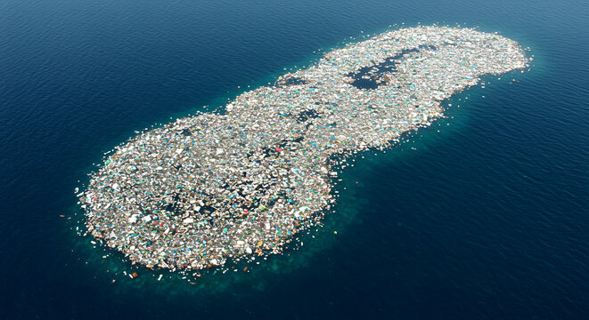 Top-down drone view of floating waste patch in international waters