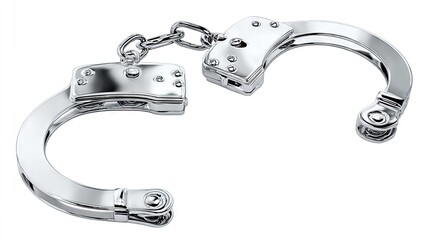 A pair of polished, chrome-finished handcuffs with intricate details against a plain white background.