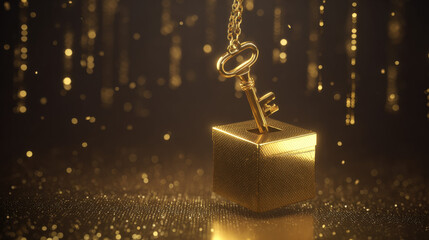 golden key hovering near encrypted neural network cube binary rain background cyber aesthetic illustration concept scene visual for commercial design use high detail quality stock image illustration