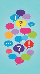 Colorful speech bubbles with questions and exclamation marks