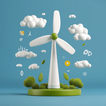animated green energy concept with cartoon-style windmill turbine generating electricity, bright sunny sky and eco icons promoting renewable energy awareness and clean future