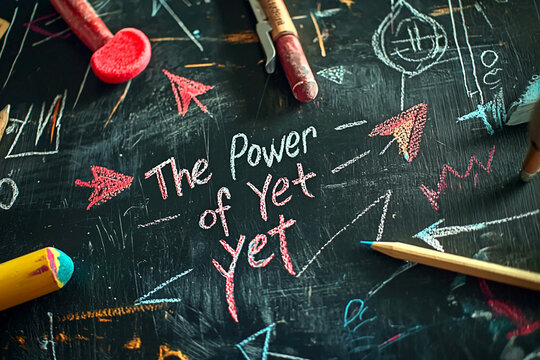 AI Generated - Blackboard with the words "the power of yet yet" written on it in white chalk. Commercial illustration artwork for business applications. High-resolution. Premium quality. Professional.