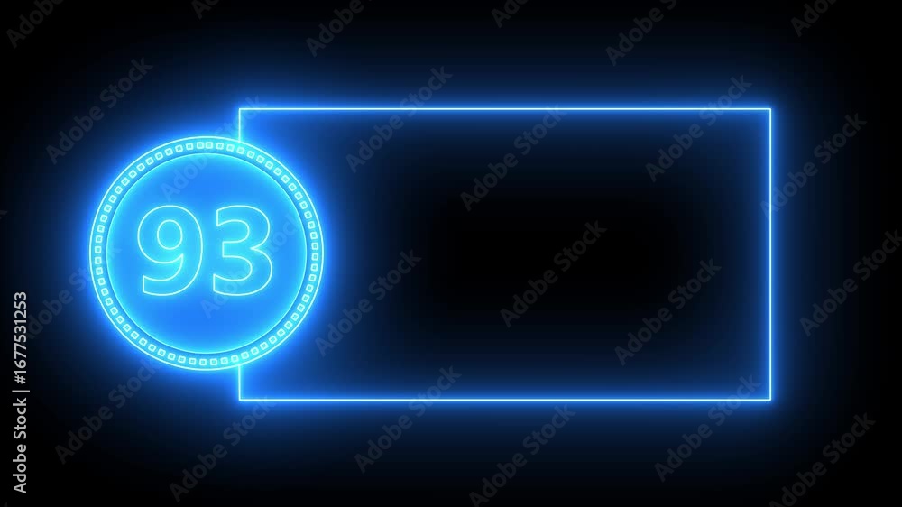 Aufkleber blue neon number 93 inside circle with rectangular frame on black background ninety three