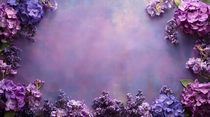 A frame of vibrant purple hydrangeas and delicate sprigs accents a textured, shaded purple background, creating a captivating floral arrangement.