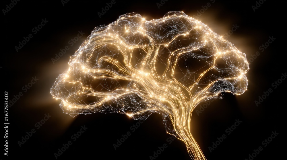 Poster brain network: an eye-level, close-up captures a luminous, digitally-rendered human brain, showcasin
