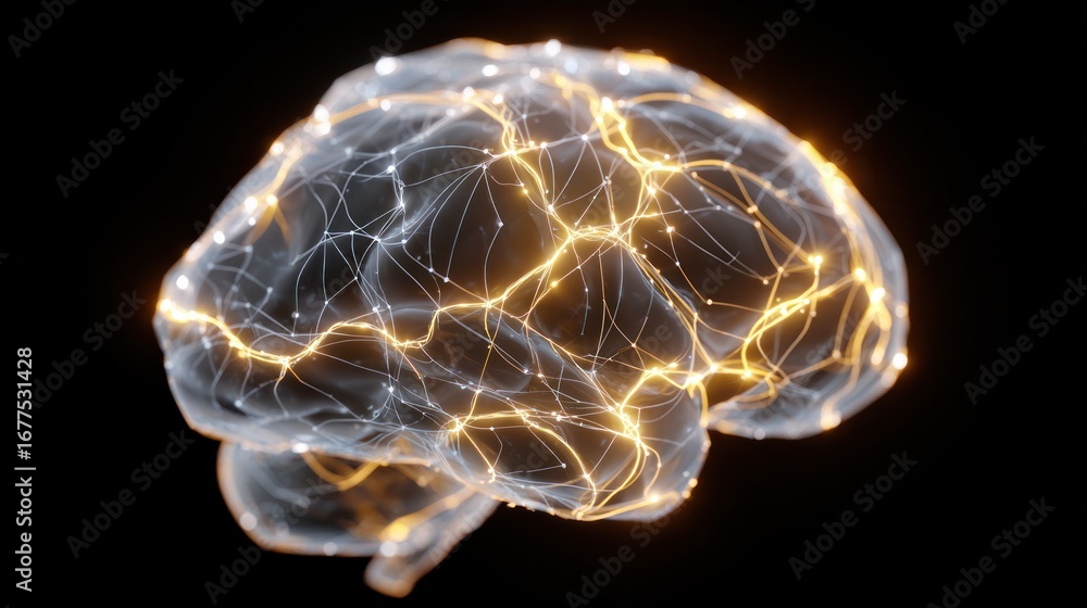 Aufkleber brain power: a captivating visualization of the human brain, illuminated with a network of glowing n