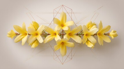 Forsythia blooms arrayed against geometric lines on soft tan background