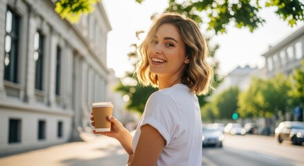 Young woman holding coffee cup smiling on city street during golden hour