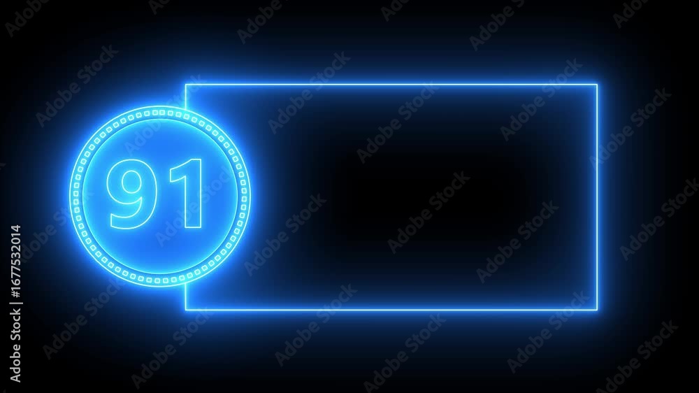 Poster blue neon number 91 inside circle with rectangular frame on black background ninety one count