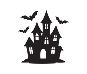 Spooky haunted mansion silhouette with flying bats halloween graphic element