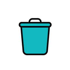 Stylized turquoise trash can icon with a lid handle and bold black outline.