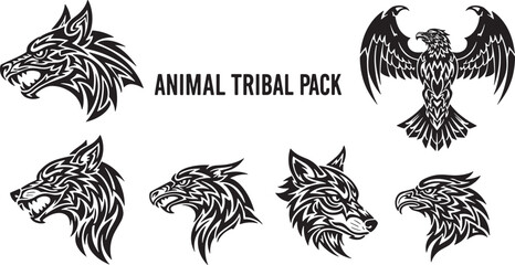 Obraz premium Tribal Animal Designs Wolf and Eagle Tattoo Illustrations