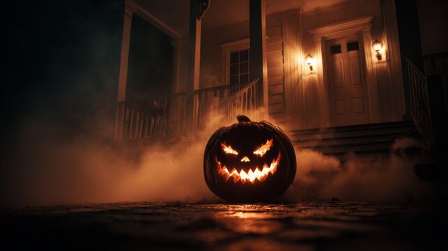 Majestic Jackolantern on haunted house porch in foggy setting