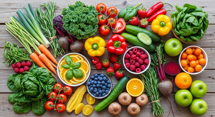 Fresh Organic Vegetables and Fruits on Rustic Table Flat Lay