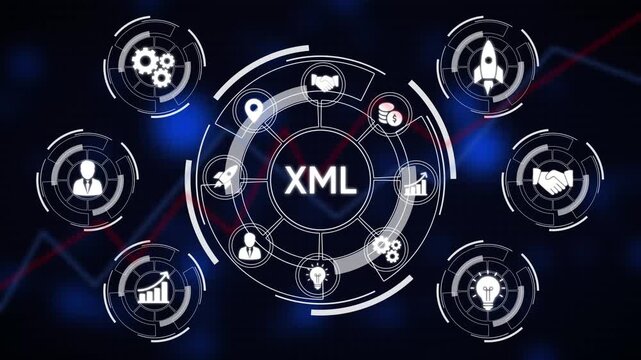 XML Data Structure Concept with Business Icons in Circular Interface on Dark Background Extensible Markup Language - Powered by Adobe