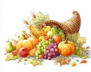 Watercolor cornucopia  with autumn harvest in classic 