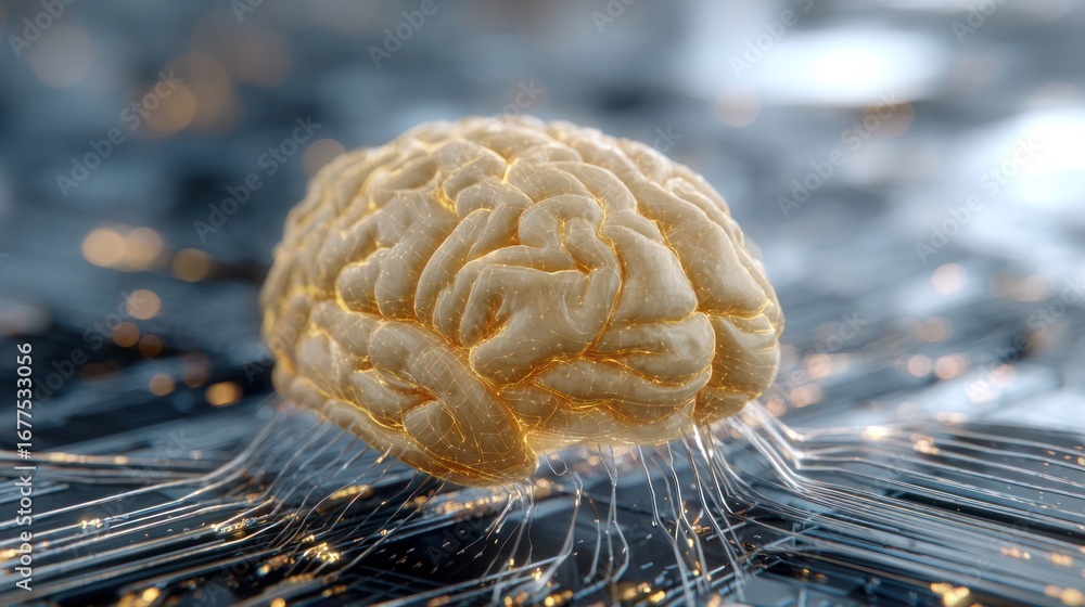 Aufkleber brain's digital landscape: the human brain, rendered in detailed digital precision, its delicate pat
