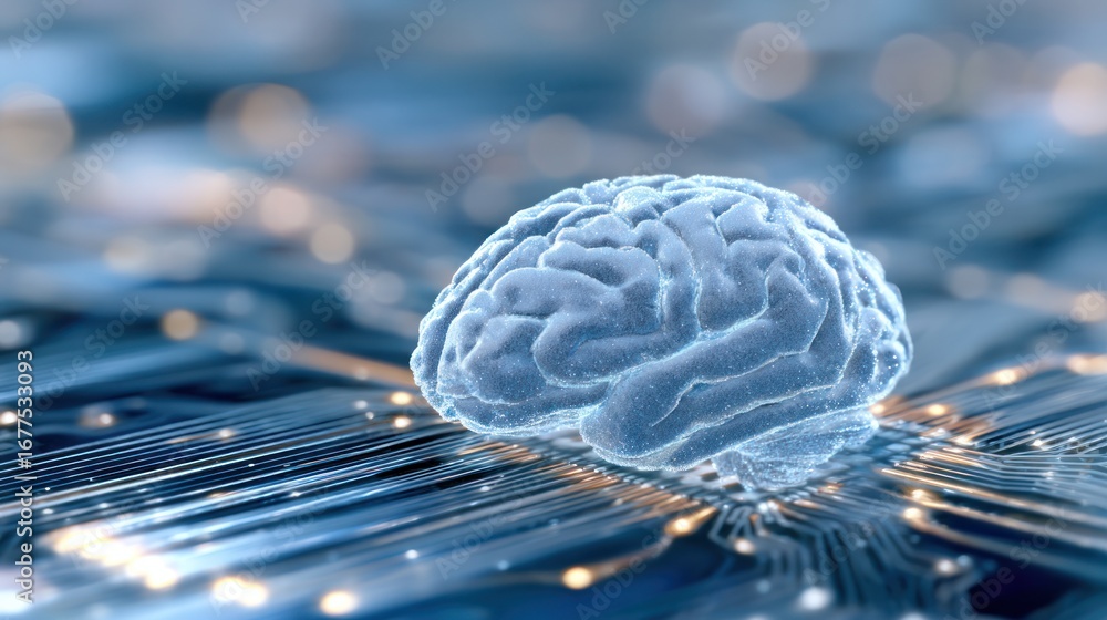 Aufkleber brain on circuit board: a realistic, luminescent human brain rests atop a network of circuit board p