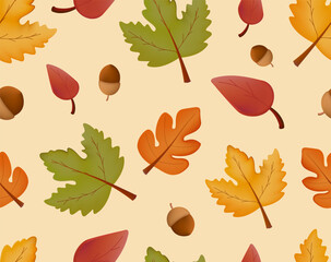 Fashionable Autumn seamless pattern with autumn leaves and plants. Modern autumn poster in warm color. Autumn background